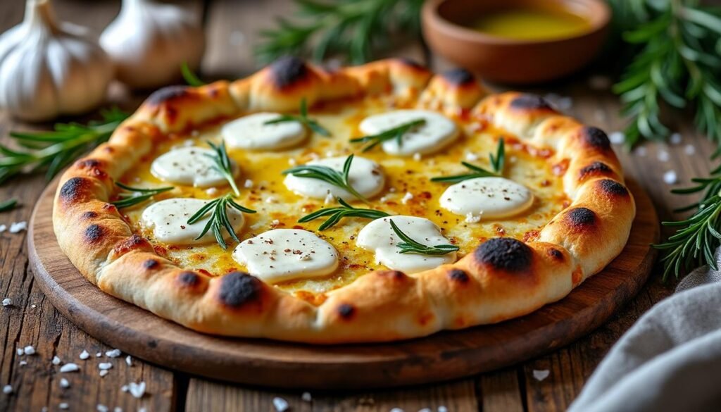 découvrez notre délicieuse recette de pizza bianca, une pizza blanche sans sauce tomate, garnie de mozzarella fondante, de ricotta crémeuse et de touches d’herbes fraîches. idéale pour un dîner gourmand et original !