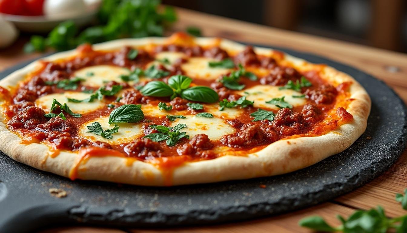 découvrez notre délicieuse recette de pizza bolognaise maison, facile et rapide à préparer. savourez une pâte croustillante garnie de sauce bolognaise, de fromage fondant et d'ingrédients frais pour un repas gourmand en famille ou entre amis.
