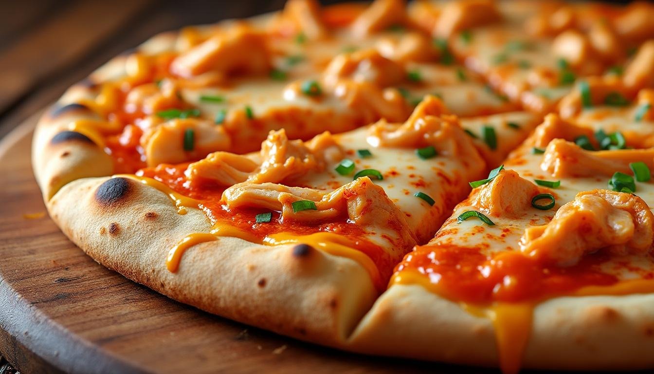 découvrez notre délicieuse recette de pizza buffalo chicken, facile à préparer chez vous. une pâte croustillante, du poulet épicé, une sauce onctueuse et du fromage fondant : le dîner parfait pour régaler toute la famille !