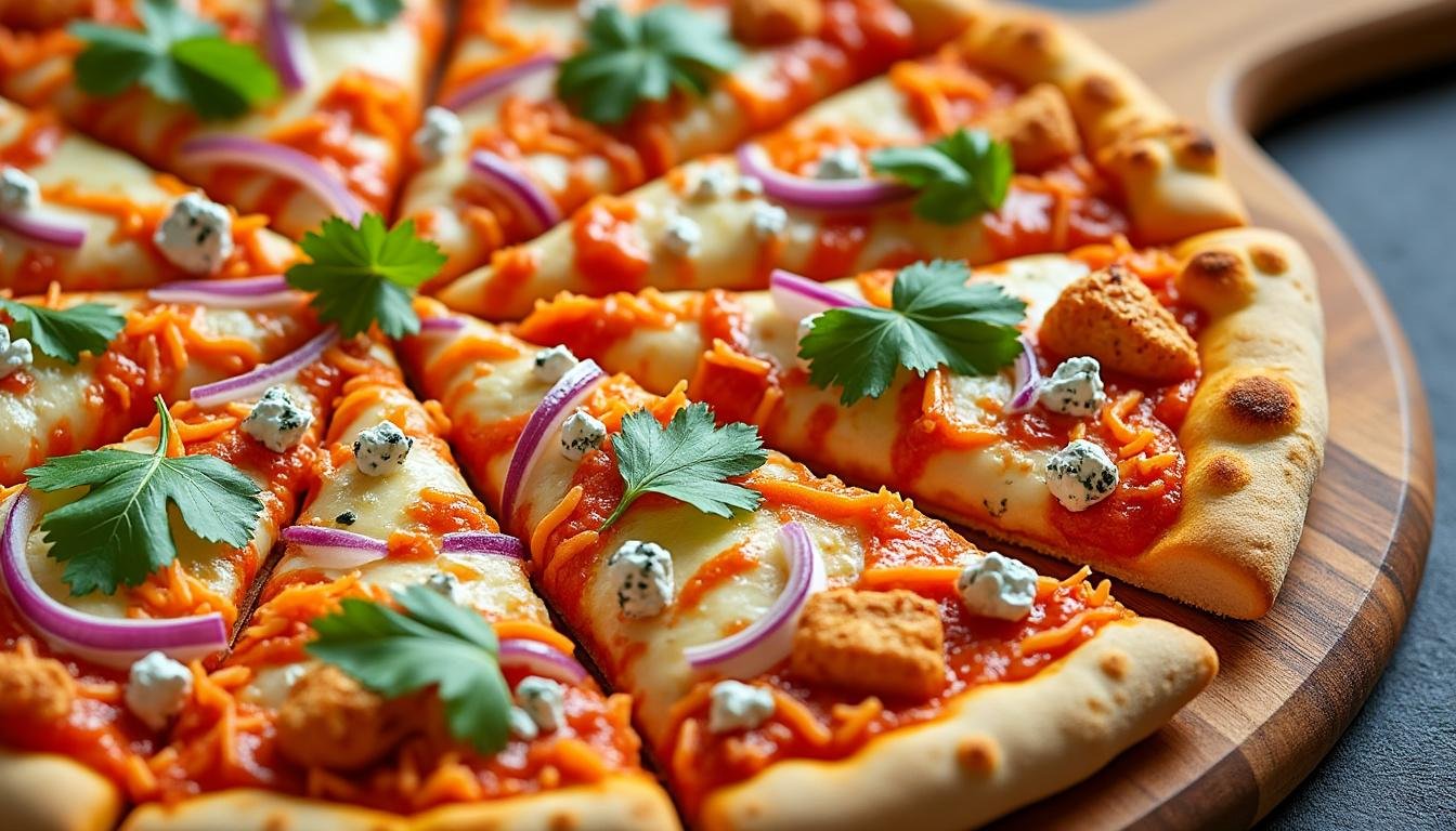 découvrez notre recette irrésistible de pizza buffalo chicken : une pâte croustillante garnie de poulet épicé à la sauce buffalo, de mozzarella fondante et d'une touche de sauce ranch. parfaite pour une soirée conviviale !