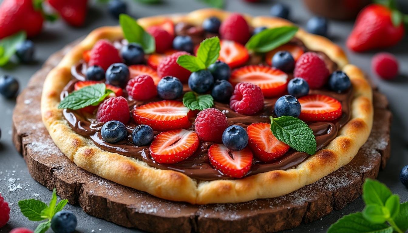 découvrez notre délicieuse recette de pizza dessert, une gourmandise originale à base de pâte croustillante, garnie de chocolat, de fruits frais et d'une touche sucrée. idéale pour surprendre vos invités et terminer le repas en beauté !
