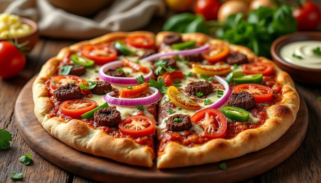 découvrez notre délicieuse recette de pizza kebab, facile à réaliser à la maison. une pâte moelleuse, une garniture généreuse de viande kebab, de légumes frais et de sauce blanche pour un maximum de saveurs !