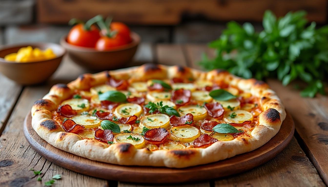 découvrez la recette de la pizza paysanne : une pizza savoureuse garnie de pommes de terre, lardons, oignons, crème et fromage. facile à préparer, idéale pour un repas convivial et gourmand !