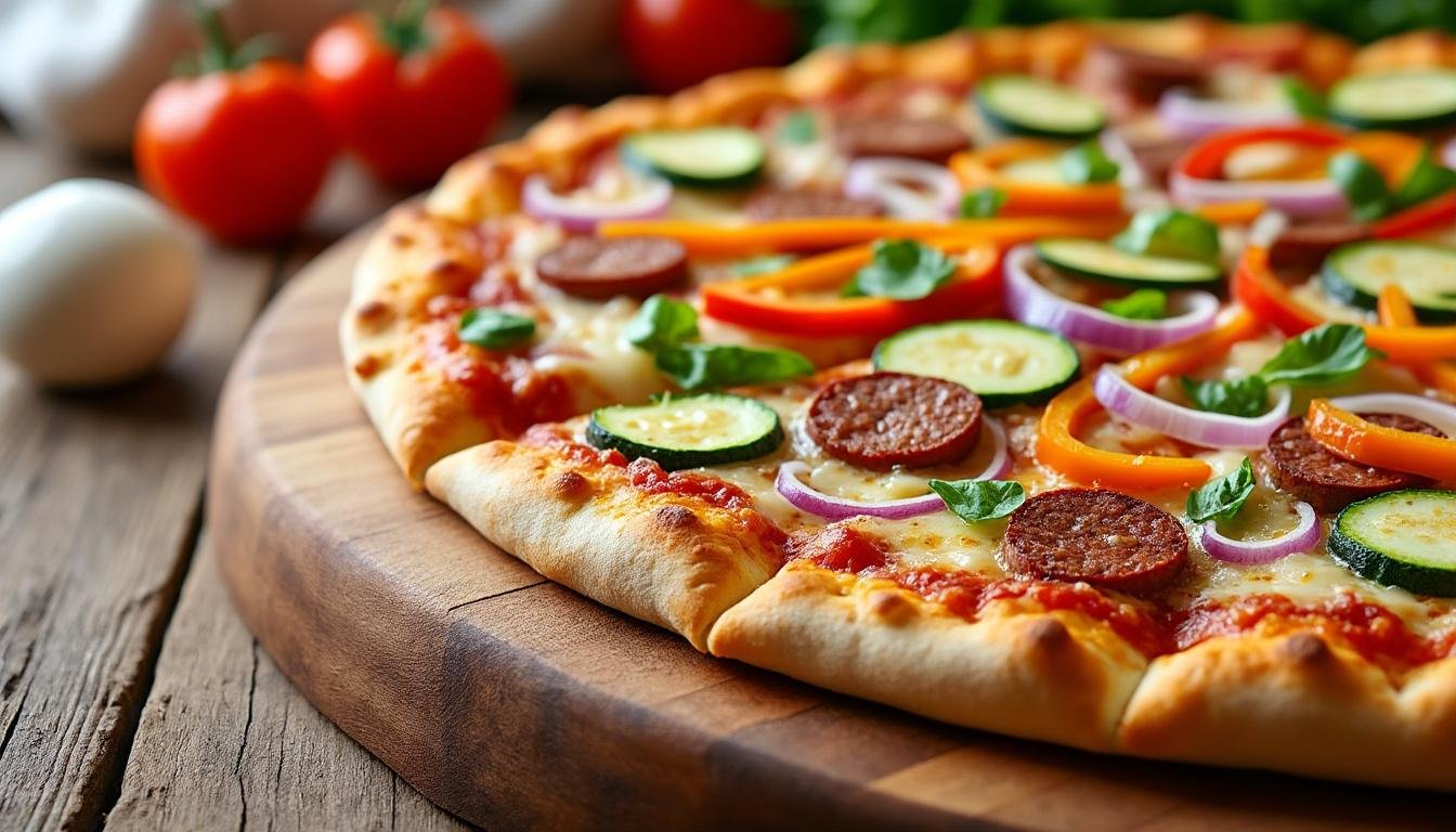 découvrez la recette de la pizza suprême : une pizza généreusement garnie de sauce tomate, fromage, pepperoni, poivrons, champignons et olives. facile à réaliser à la maison pour régaler toute la famille !